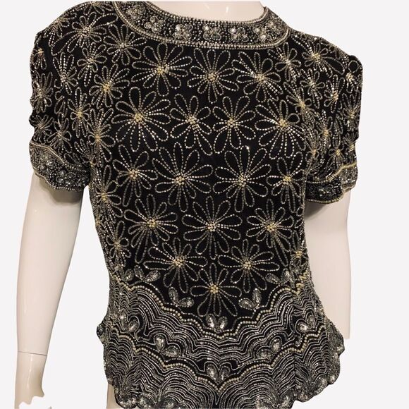 PAPELL Boutique Evening Solid Beaded 100% Silk Top with Scalloped Heim Large - Picture 2 of 8